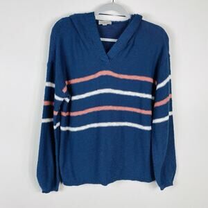 Ann Taylor LOFT Size Small Striped Hooded Pullover Sweater Blue 100% Cotton